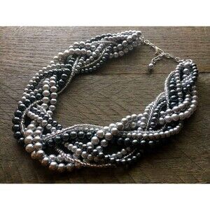 Silver Grey Pearl Statement Necklace, Multi Strand Chunky Braided Necklace